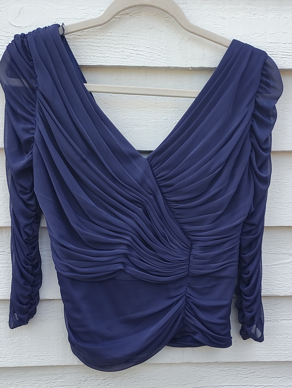 Adrianna Papell Navy Blue Draped Ruched Long-Sleeve Top